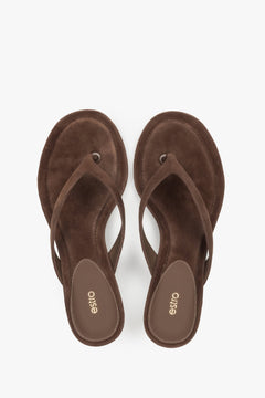 Top view of women's dark brown velour mules by Estro