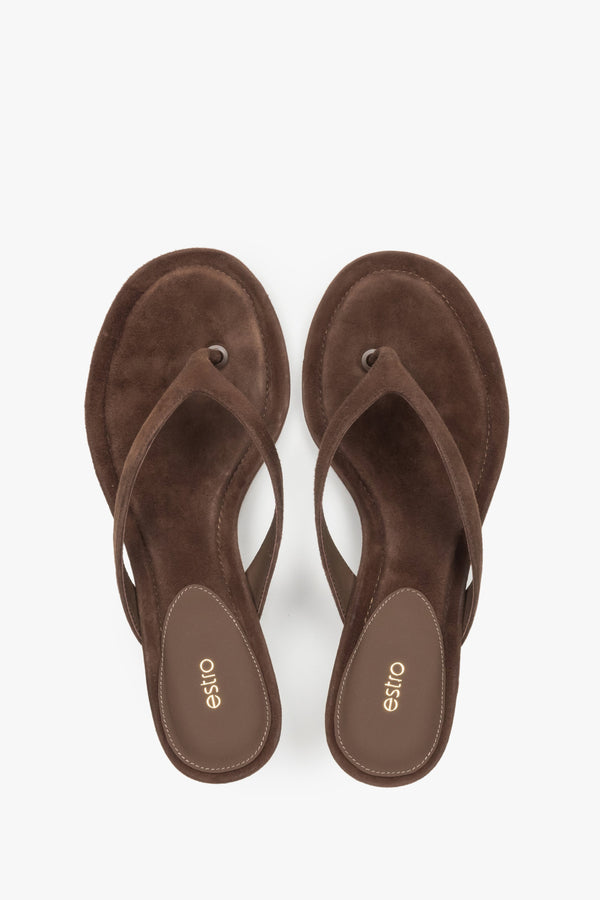 Top view of women's dark brown velour mules by Estro