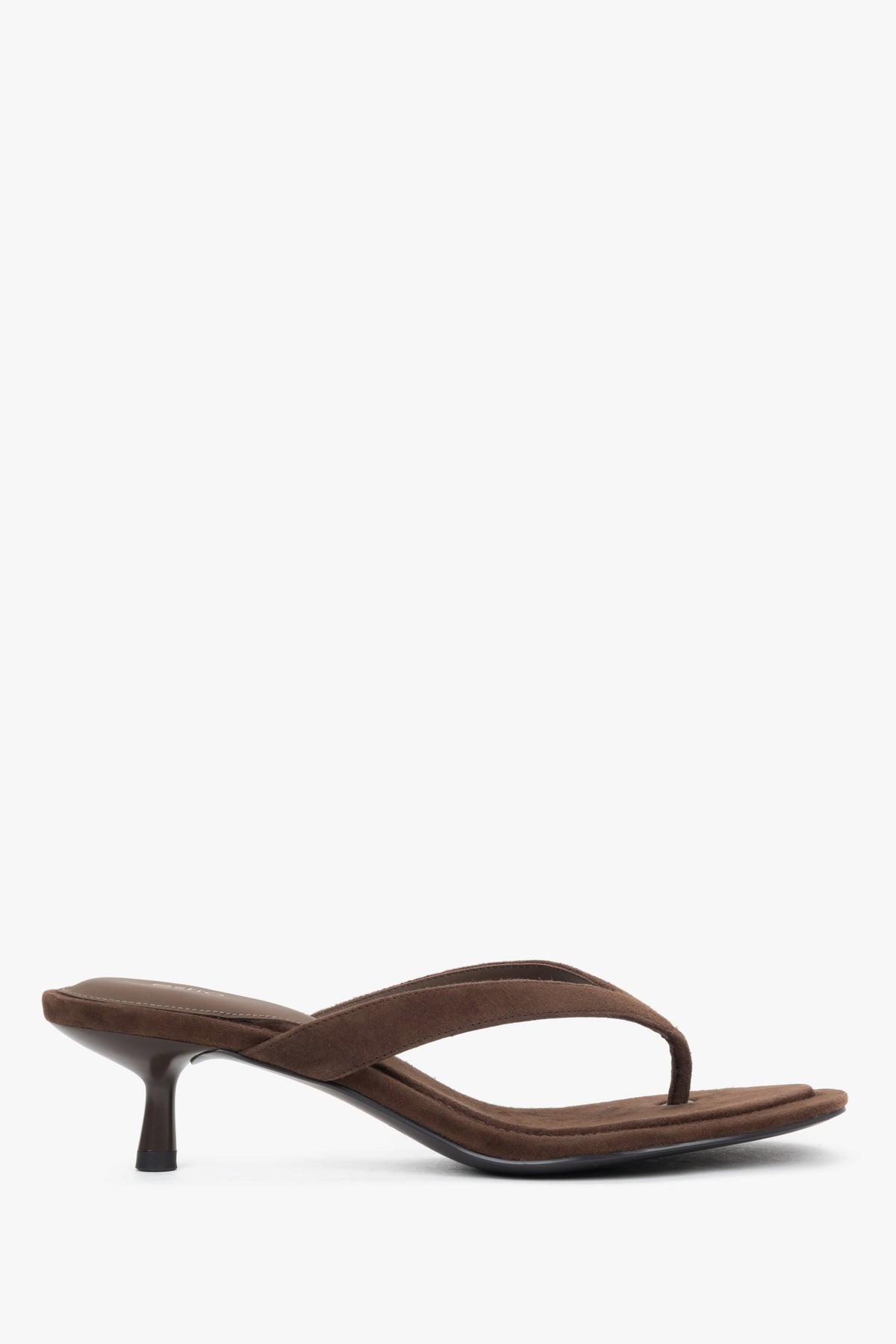 Side view of women's dark brown velour kitten heel mules