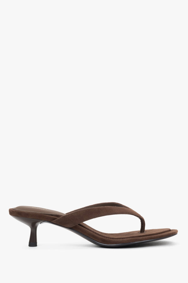 Side view of women's dark brown velour kitten heel mules