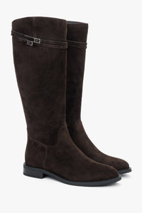 Women's Dark Brown Genuine Velour Knee-High Riding Boots with Buckle Estro ER00120767.