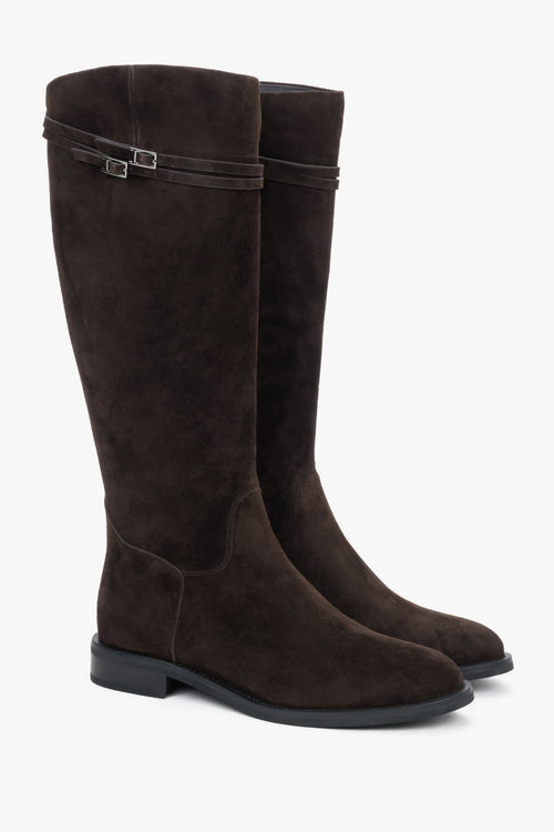 Women's Dark Brown Genuine Velour Knee-High Riding Boots with Buckle Estro ER00120767.