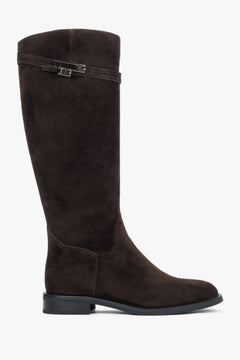 Estro - women's dark brown genuine velour knee-high riding boots with buckle.
