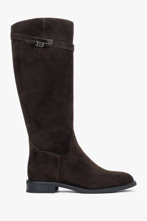 Estro - women's dark brown genuine velour knee-high riding boots with buckle.