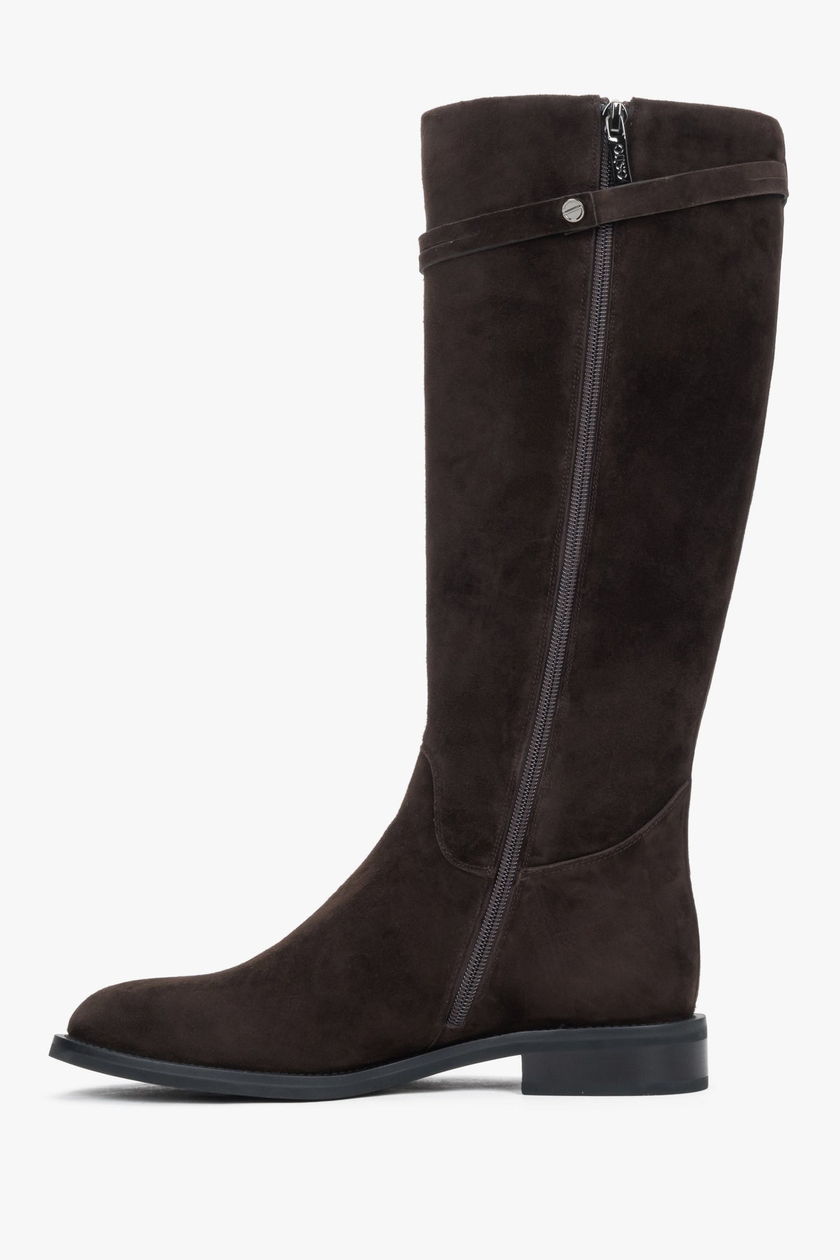 Women's dark brown genuine velour knee-high riding boots with buckle Estro (ER00120767).
