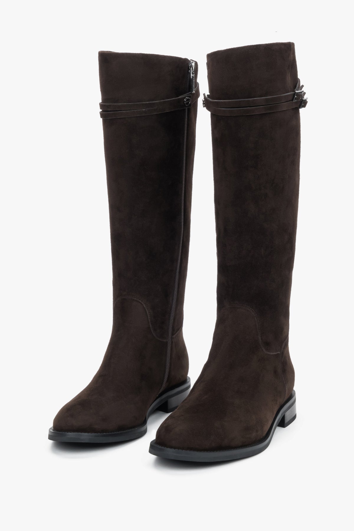 Dark brown natural velour women's riding-style boots with decorative buckle, Estro.