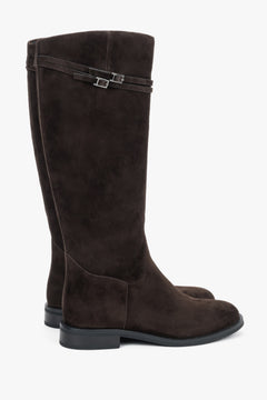 Women's dark brown velour riding boots Estro - side view highlighting the tall profile and ankle buckle detail.