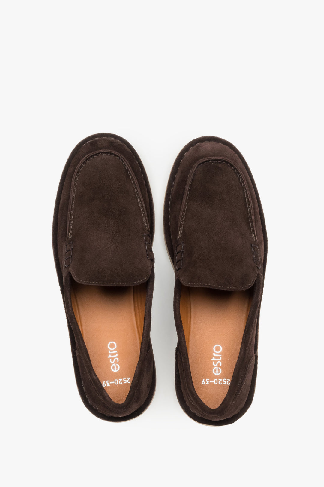 Top view of a pair of shoes featuring a rounded toe with a distinctive raised seam and a light leather insole with the brand logo.