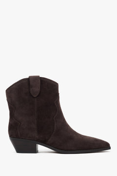 Low, dark brown women’s cowboy boots made of genuine velour.