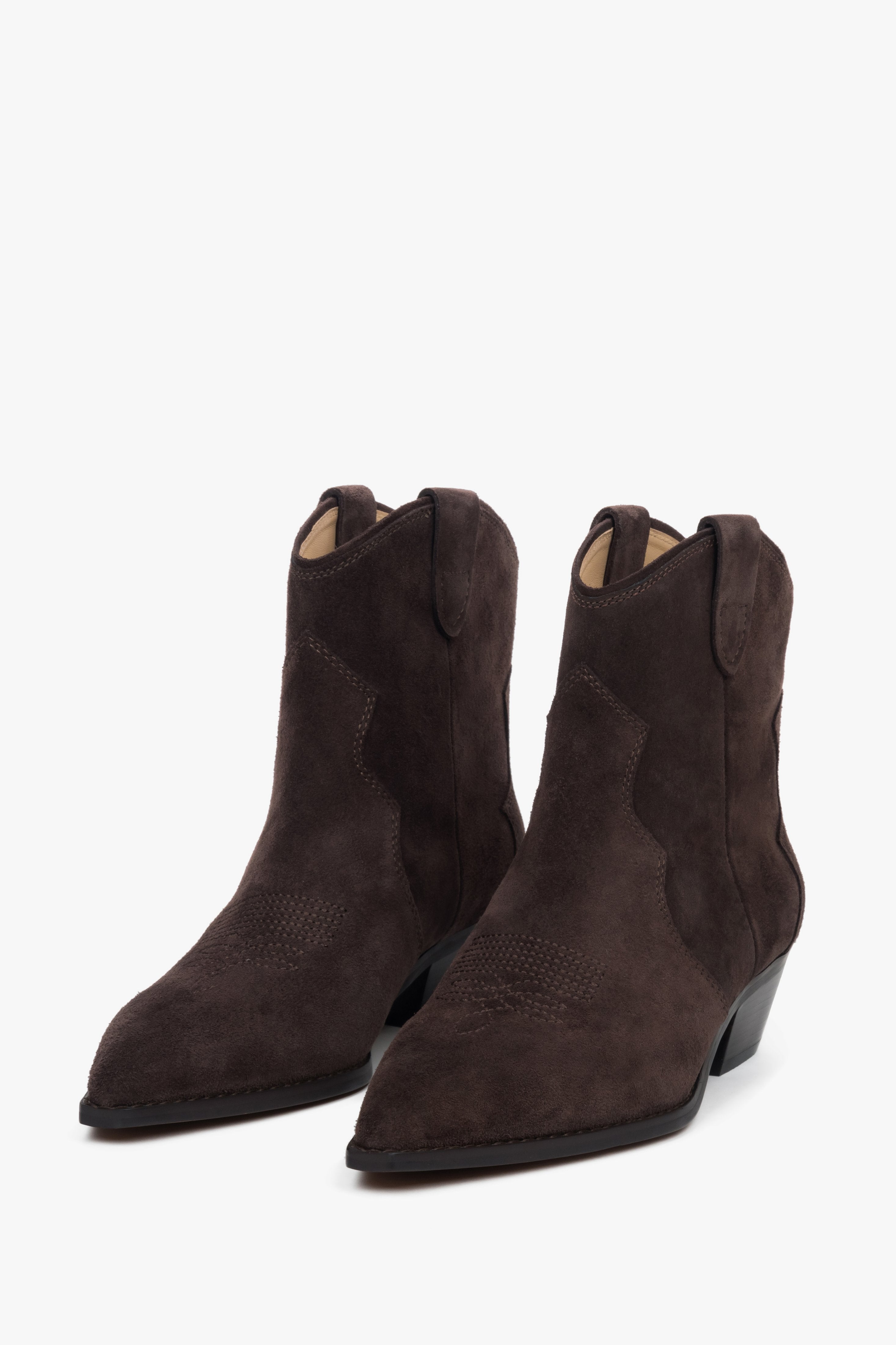 Made of genuine velour, low, dark brown women’s cowboy boots Estro.