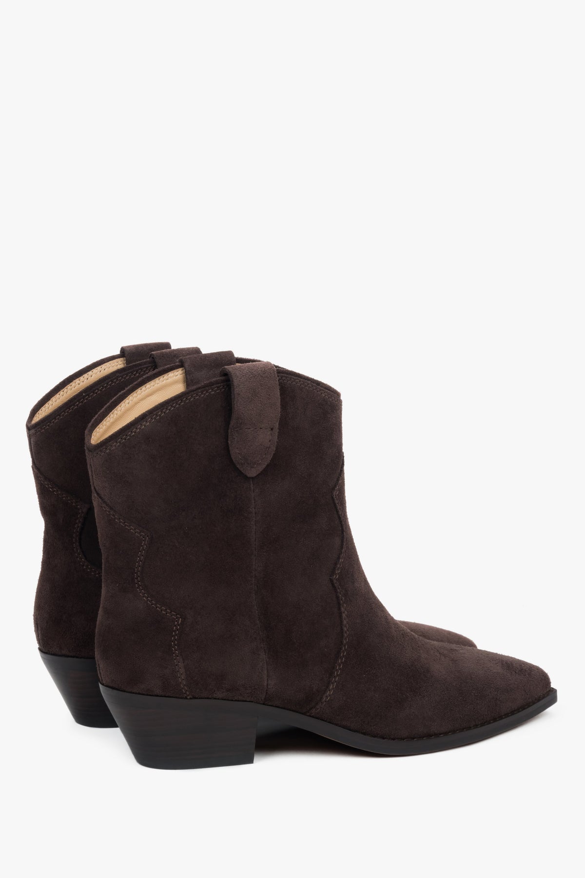 Dark brown, low women’s cowboy boots made of genuine velour Estro.