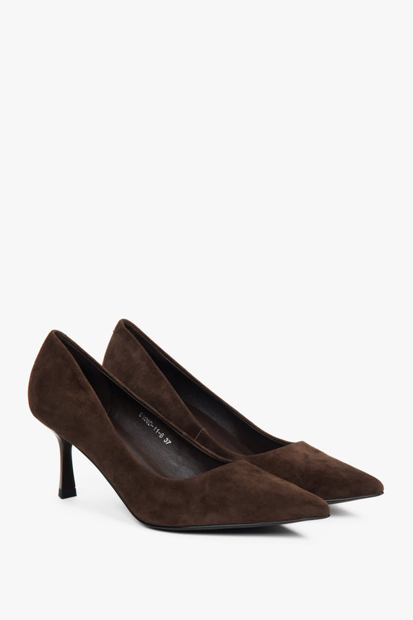 Side view of women's dark brown velour pumps by Estro