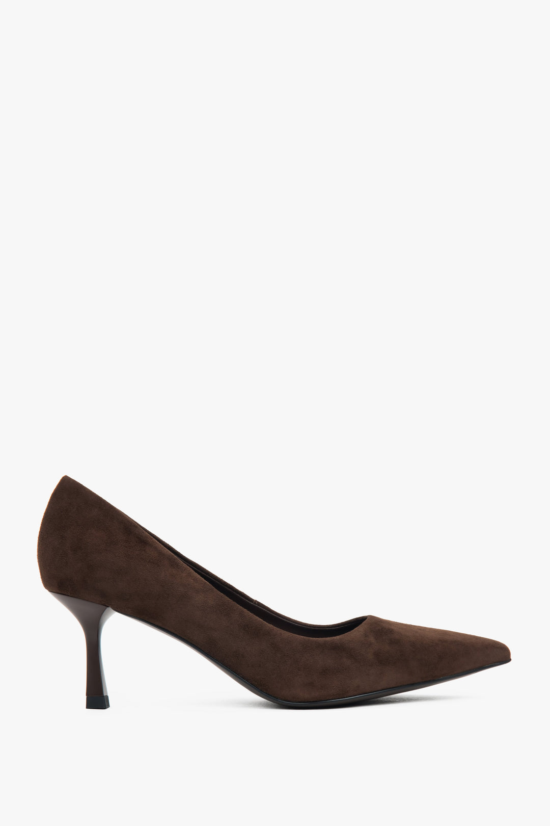 Women's dark brown velour pumps with pointed toe and low heel