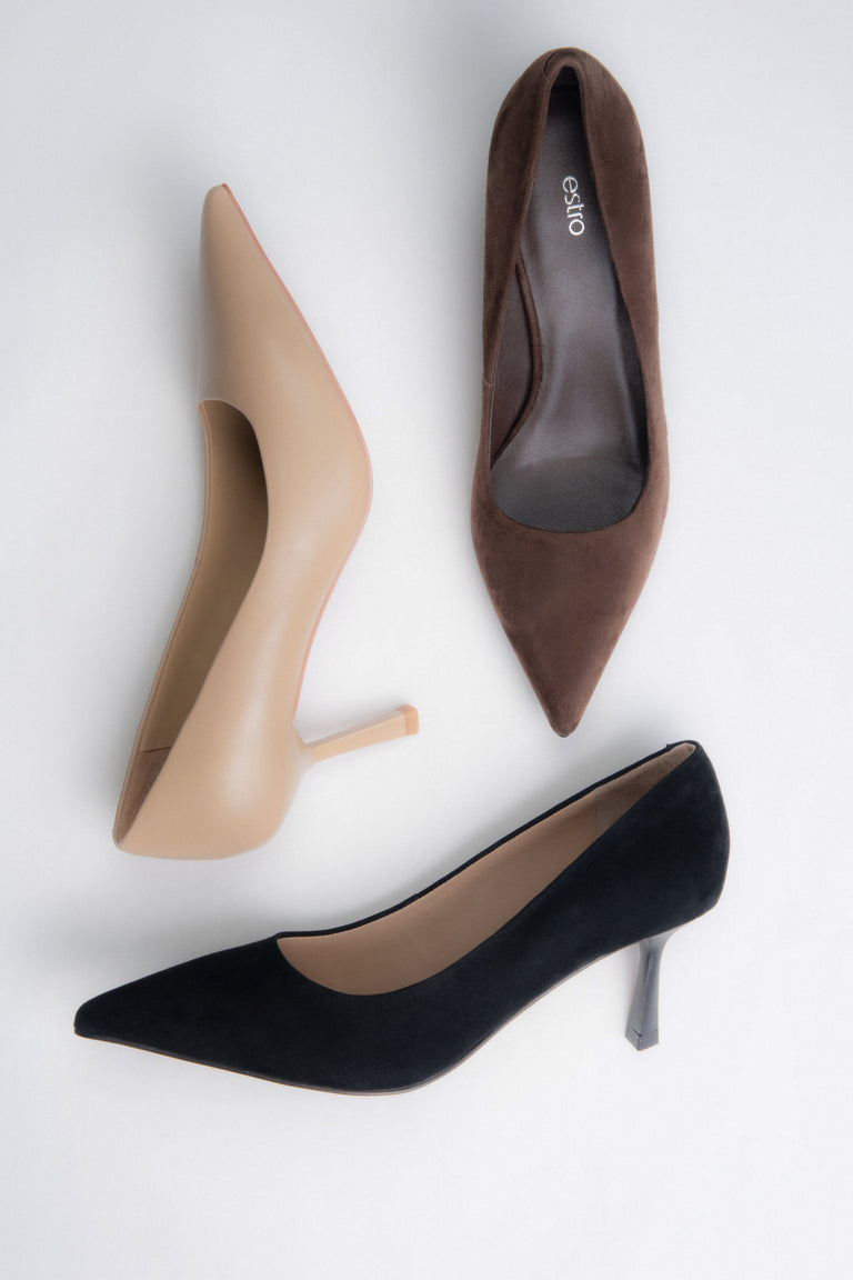 Colour comparison image of women's low heel pumps by Estro