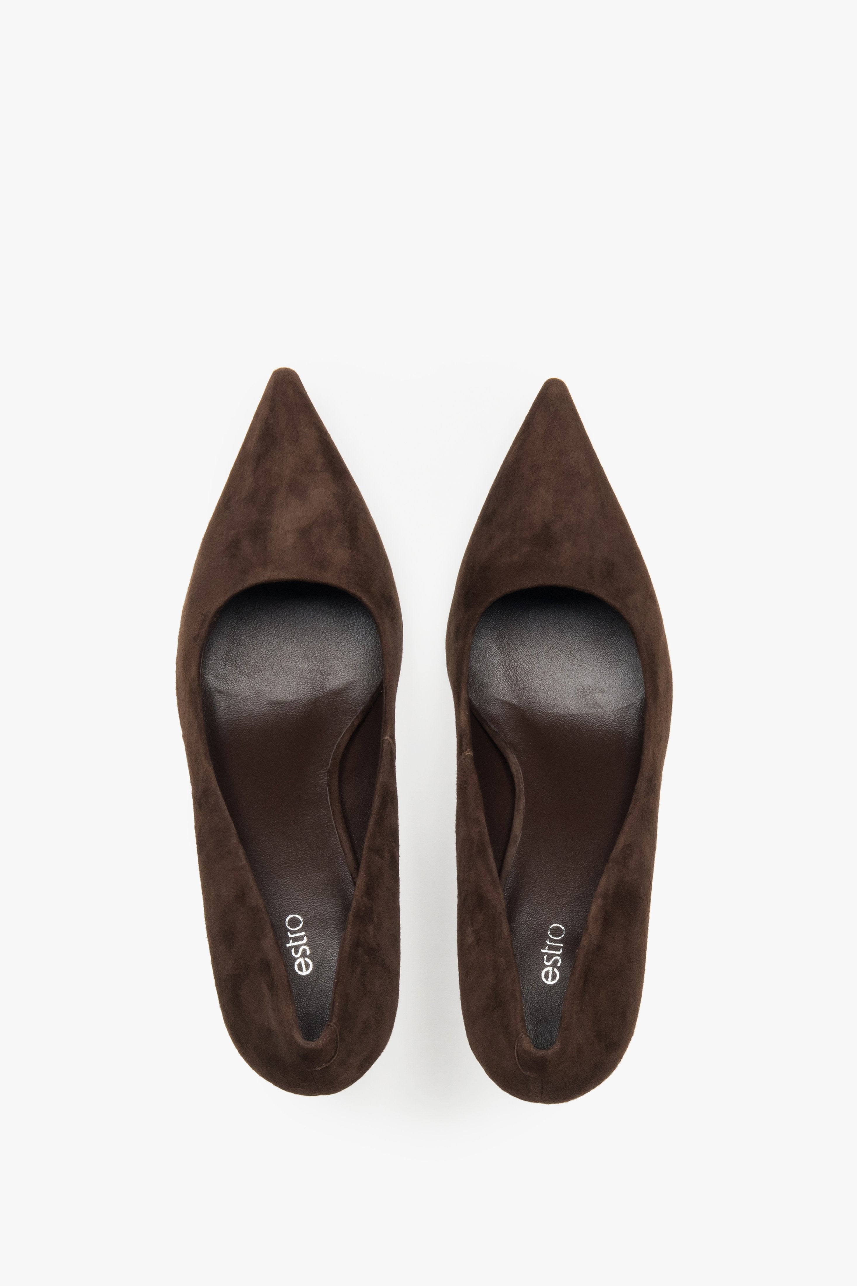 Top view of women's dark brown velour pointed pumps by Estro