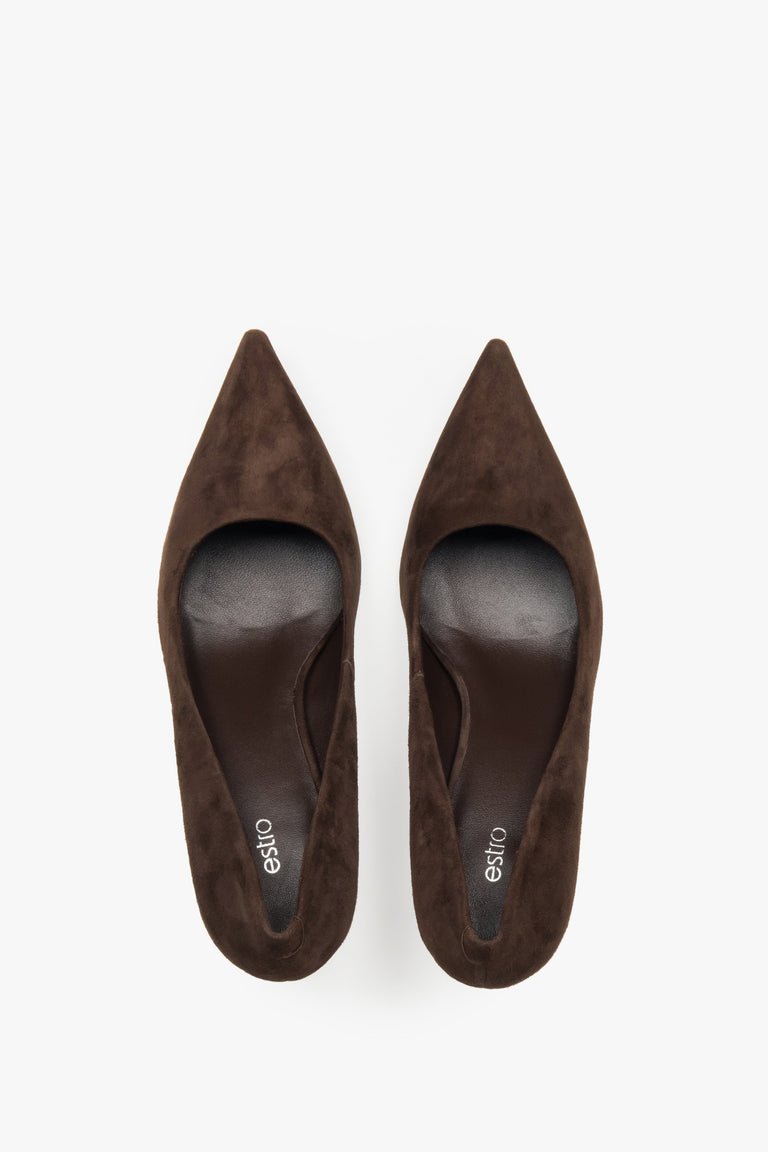 Top view of women's dark brown velour pointed pumps by Estro