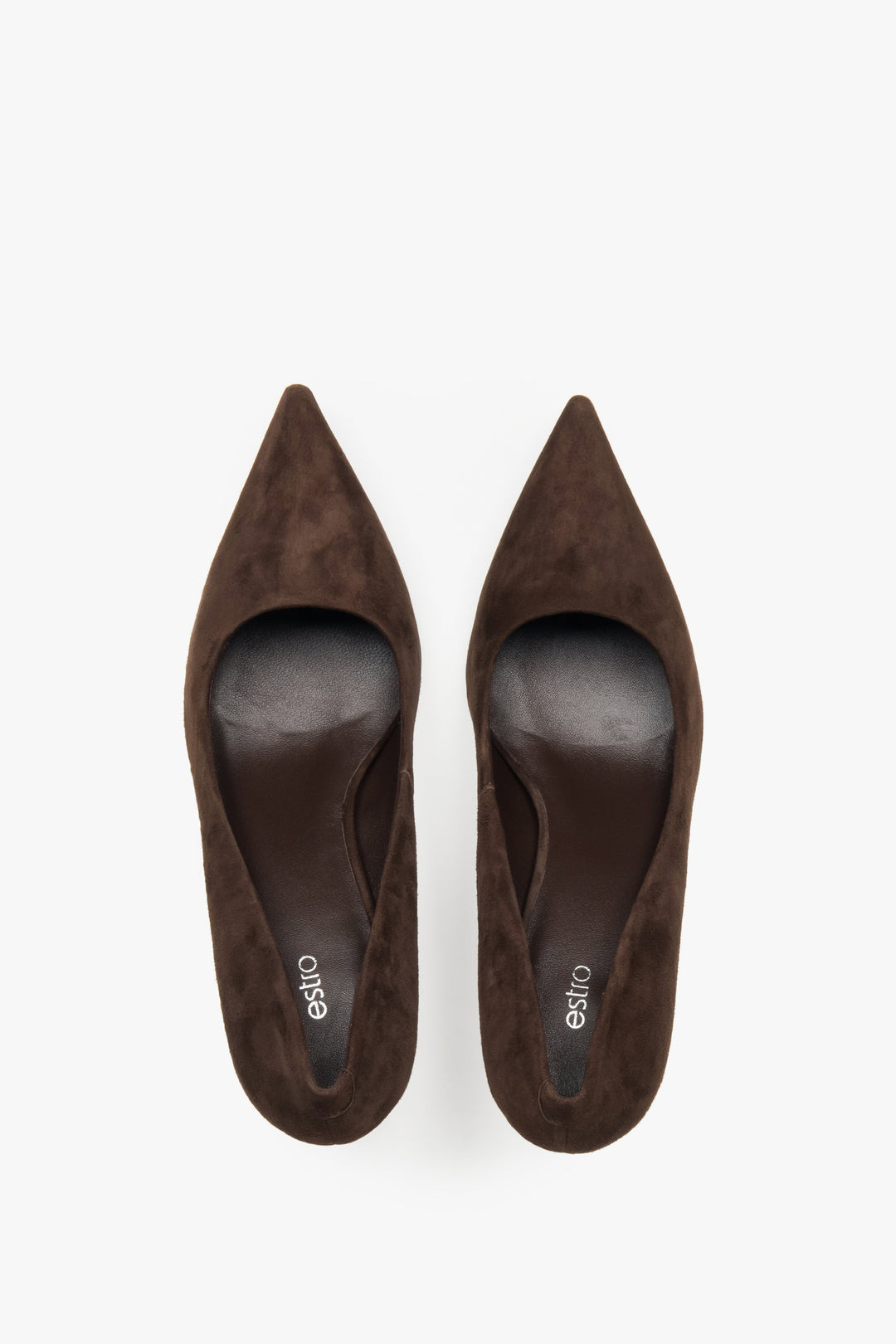 Top view of women's dark brown velour pointed pumps by Estro