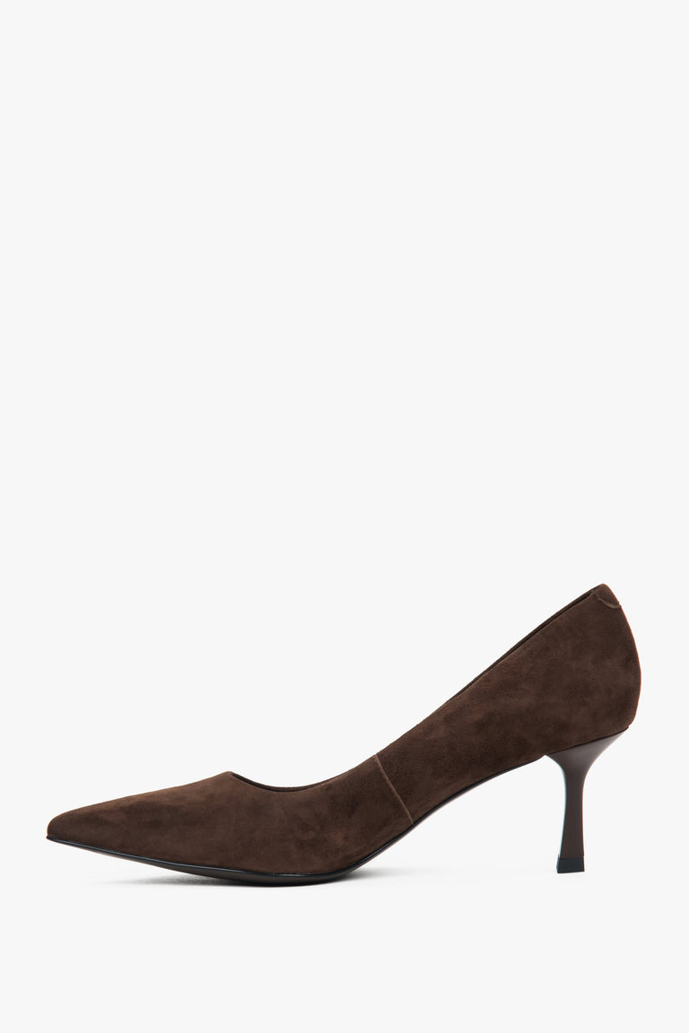 Side profile of women's dark brown velour pumps