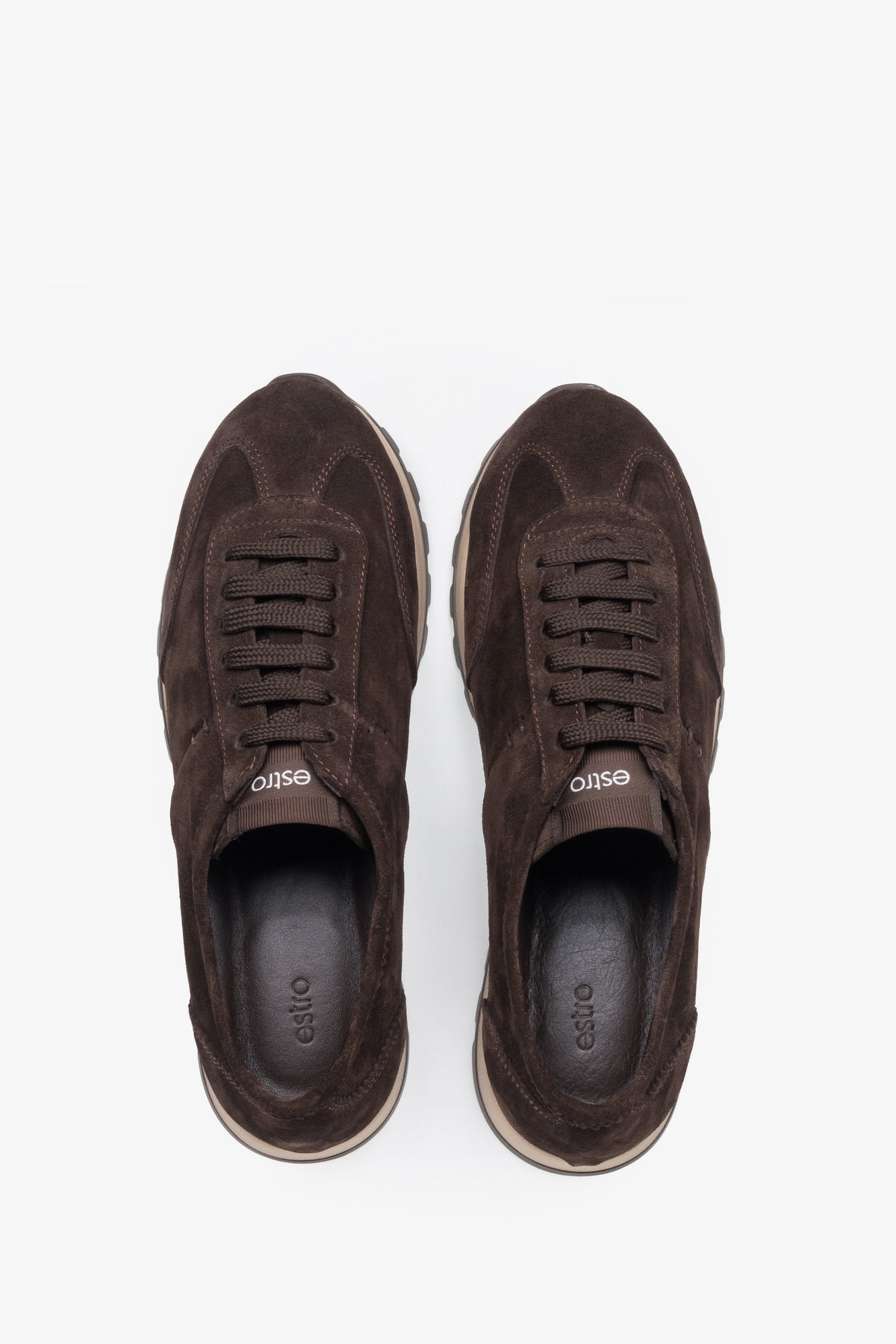 Brown natural velour sneakers featuring perforated details and a durable white sole.