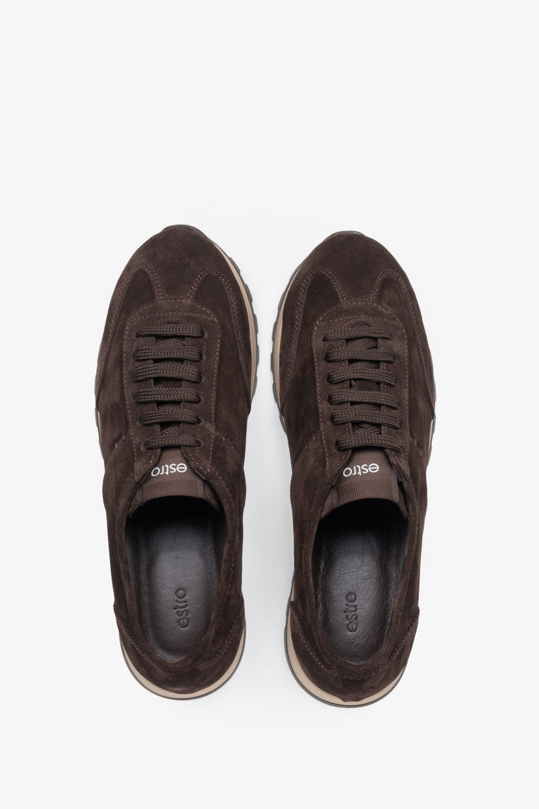 Brown natural velour sneakers featuring perforated details and a durable white sole.