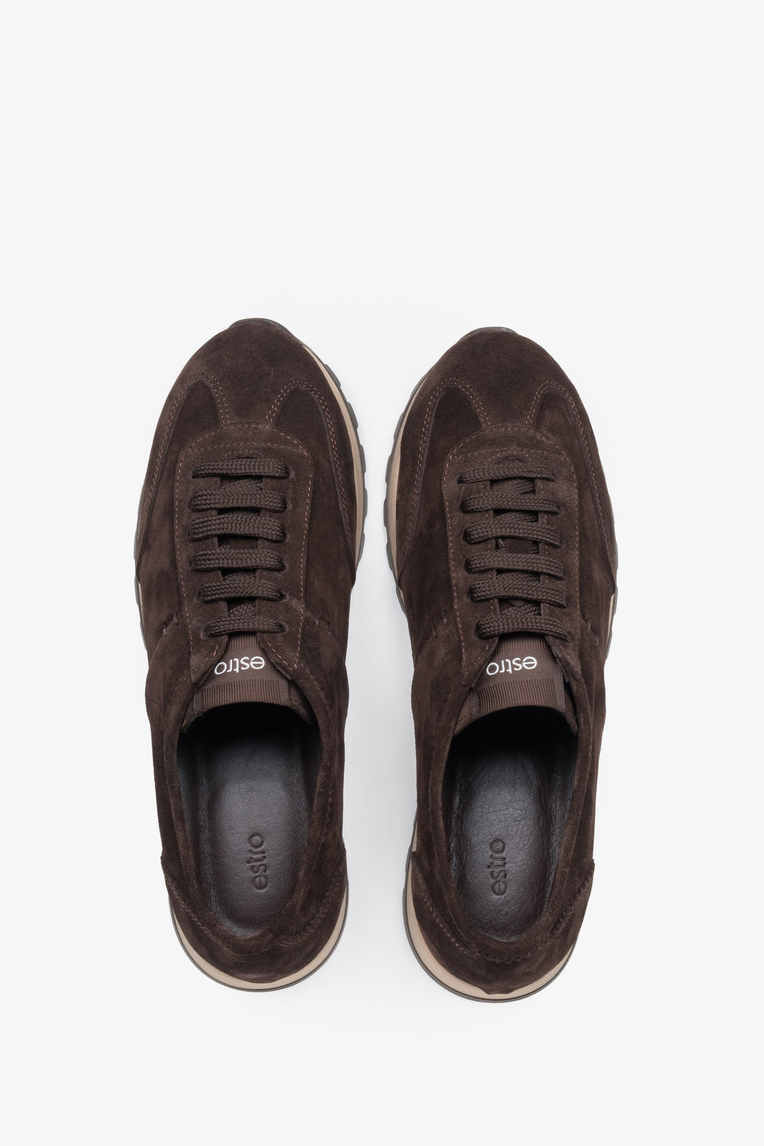 Brown natural velour sneakers featuring perforated details and a durable white sole.