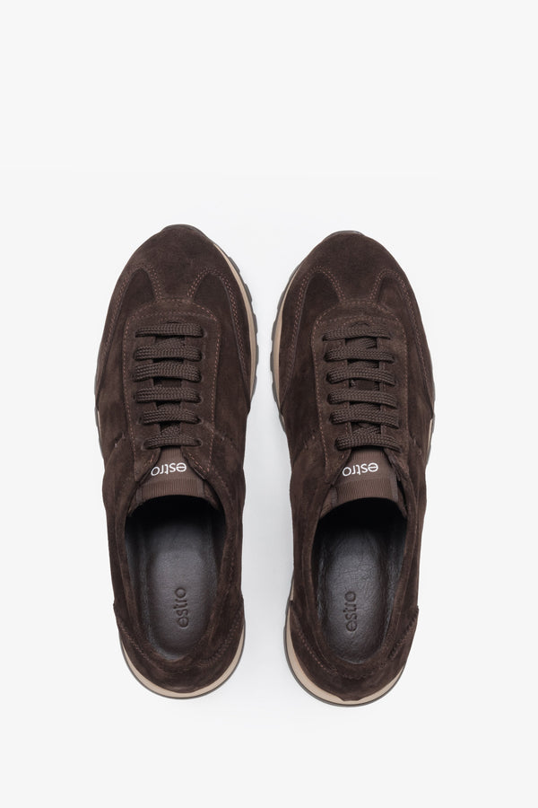 Brown natural velour sneakers featuring perforated details and a durable white sole.