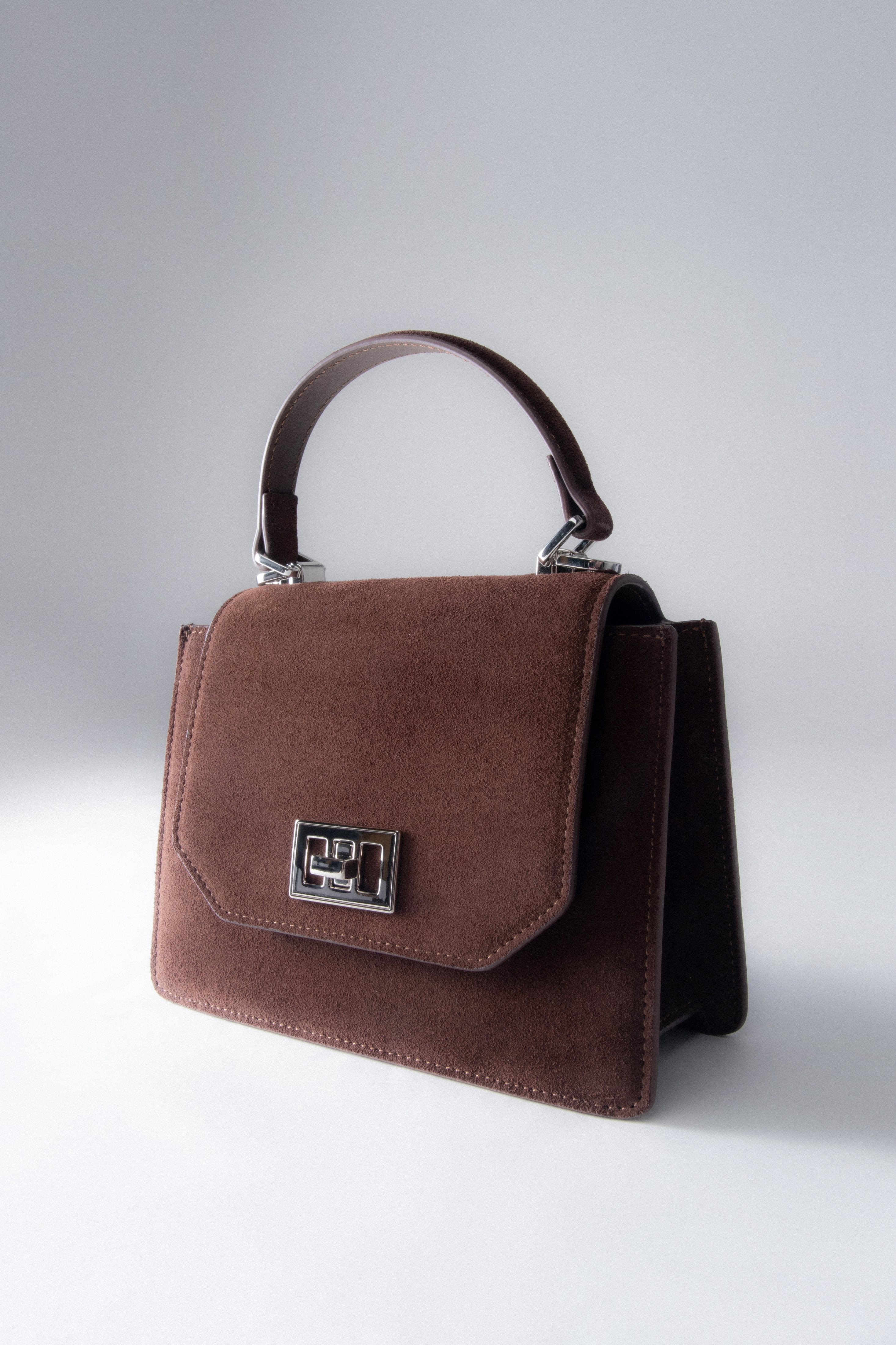 Women's Dark Brown Mini Satchel Handbag made of Genuine Velour Estro ER00117253.