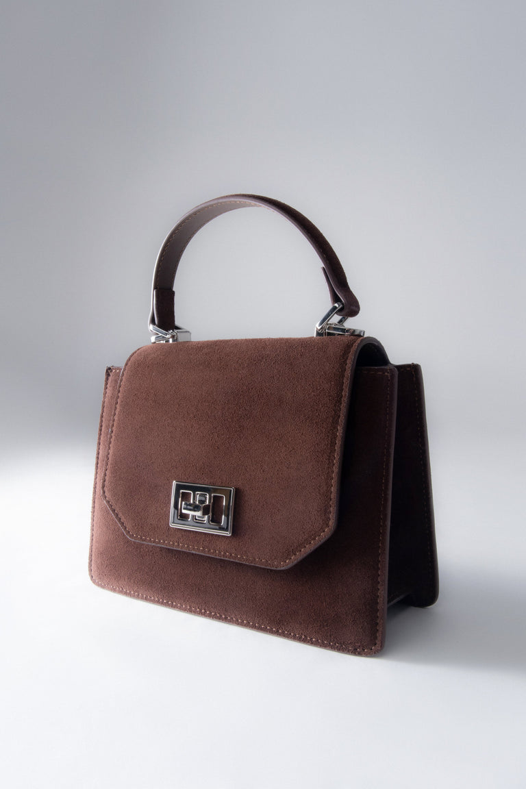 Women's Dark Brown Mini Satchel Handbag made of Genuine Velour Estro ER00117253.