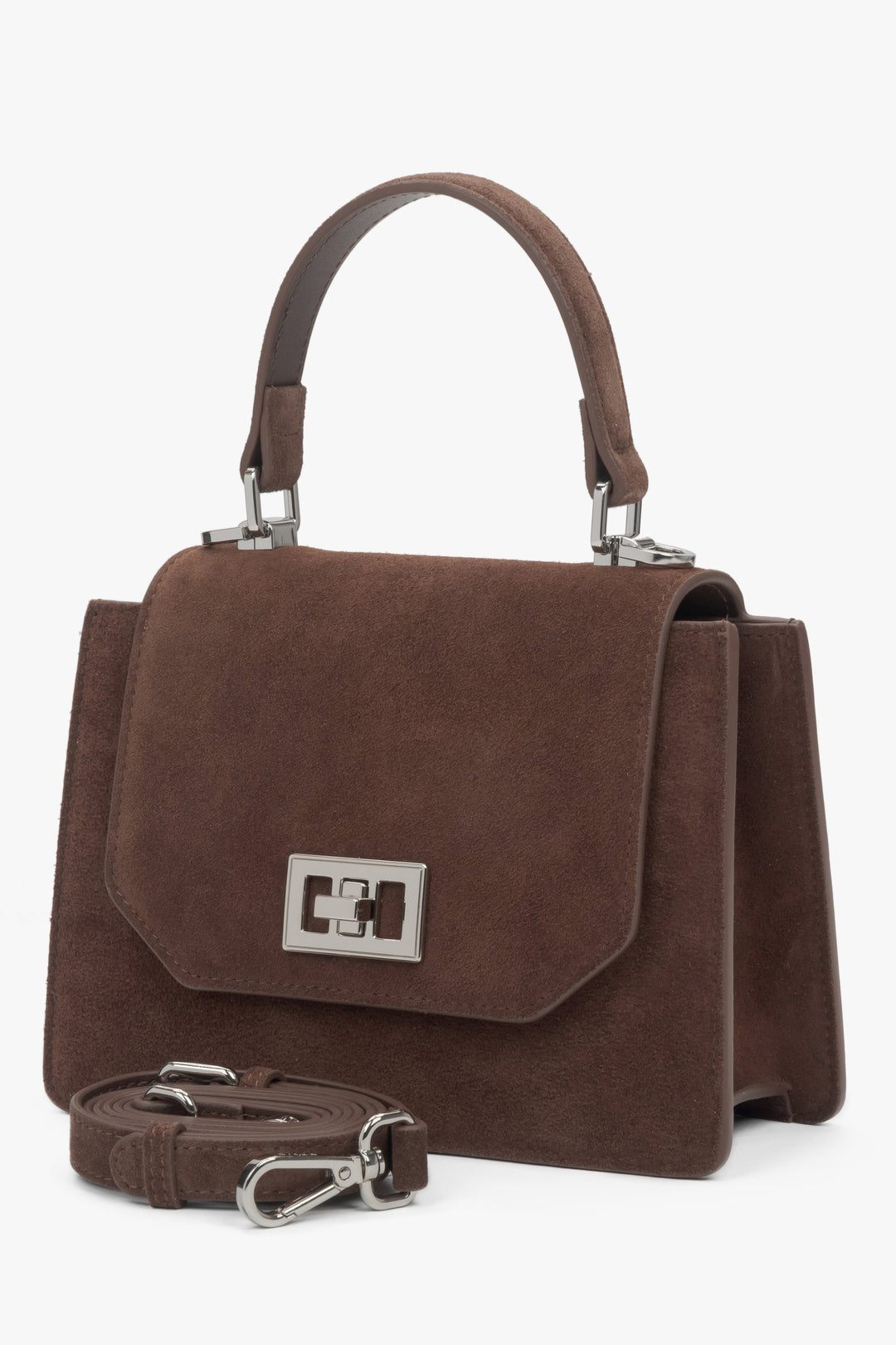 Women's dark brown mini satchel handbag made of genuine velour.