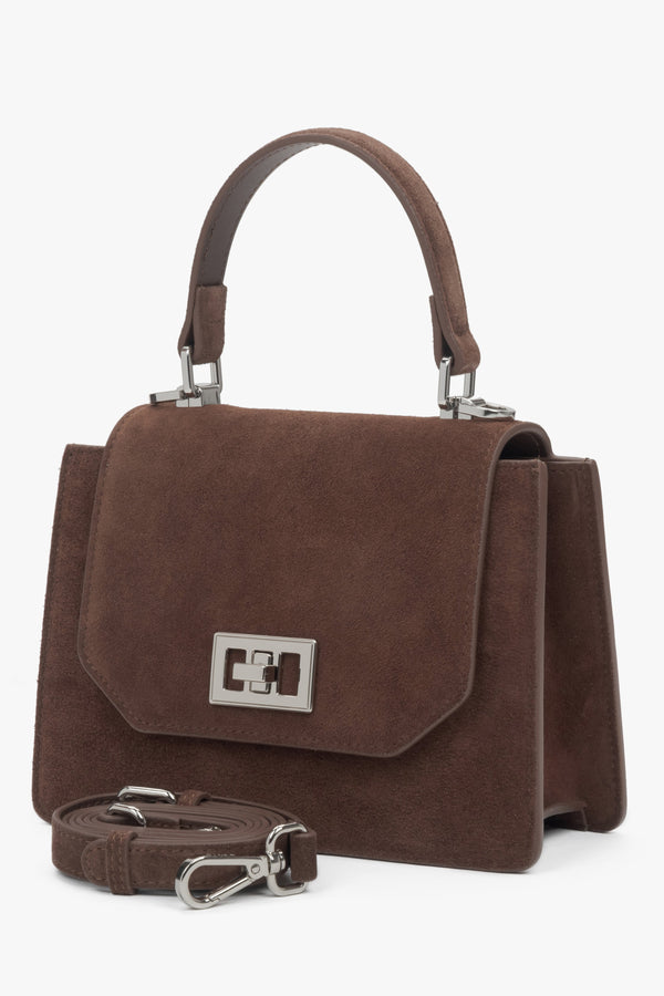 Women's dark brown mini satchel handbag made of genuine velour.