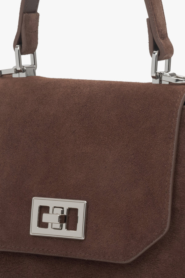 Women's dark brown mini satchel handbag Estro, made of genuine velour.