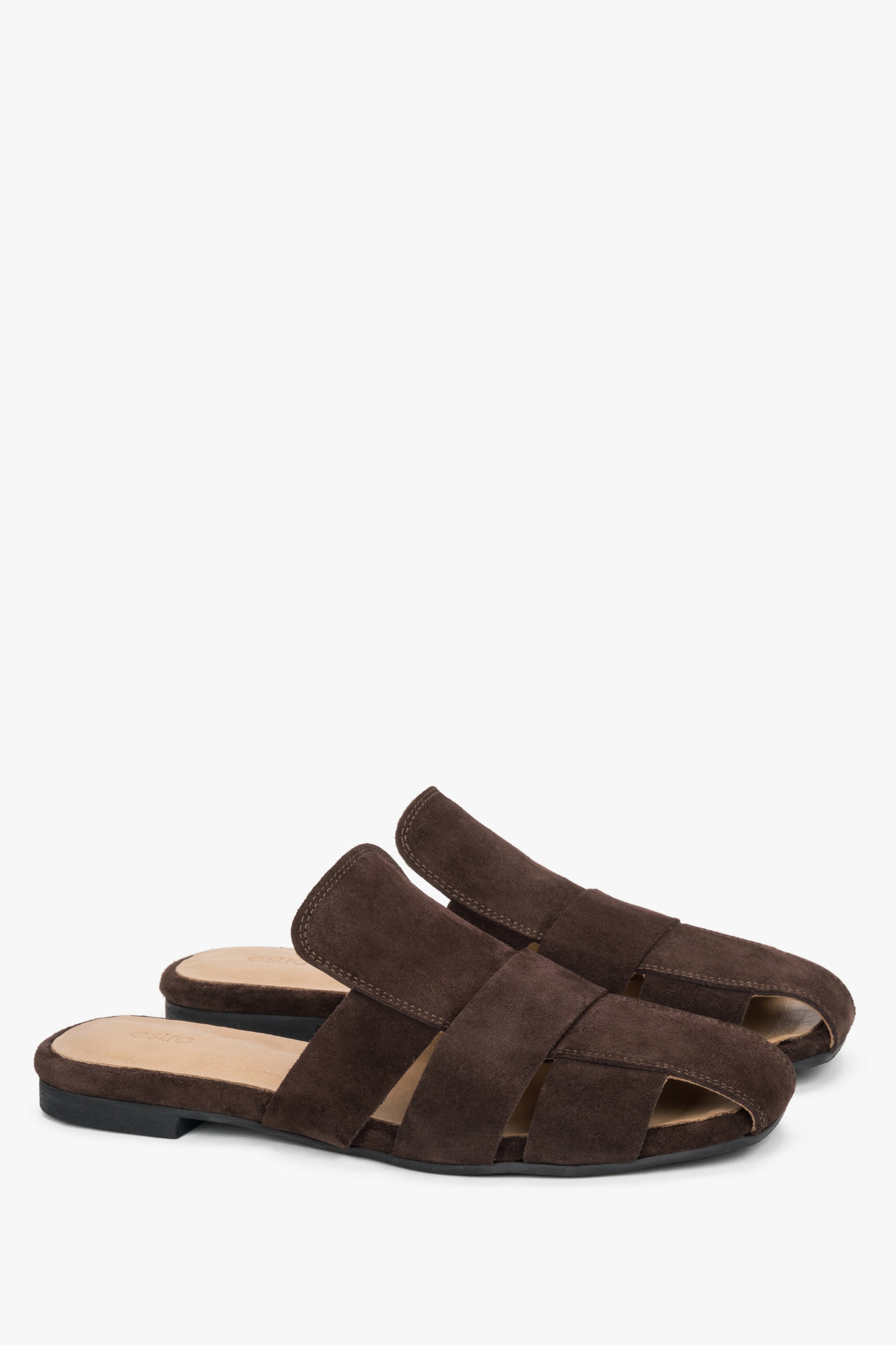 Dark brown velour Estro mule sandals, featuring a cage-style upper crafted from striking wide straps.