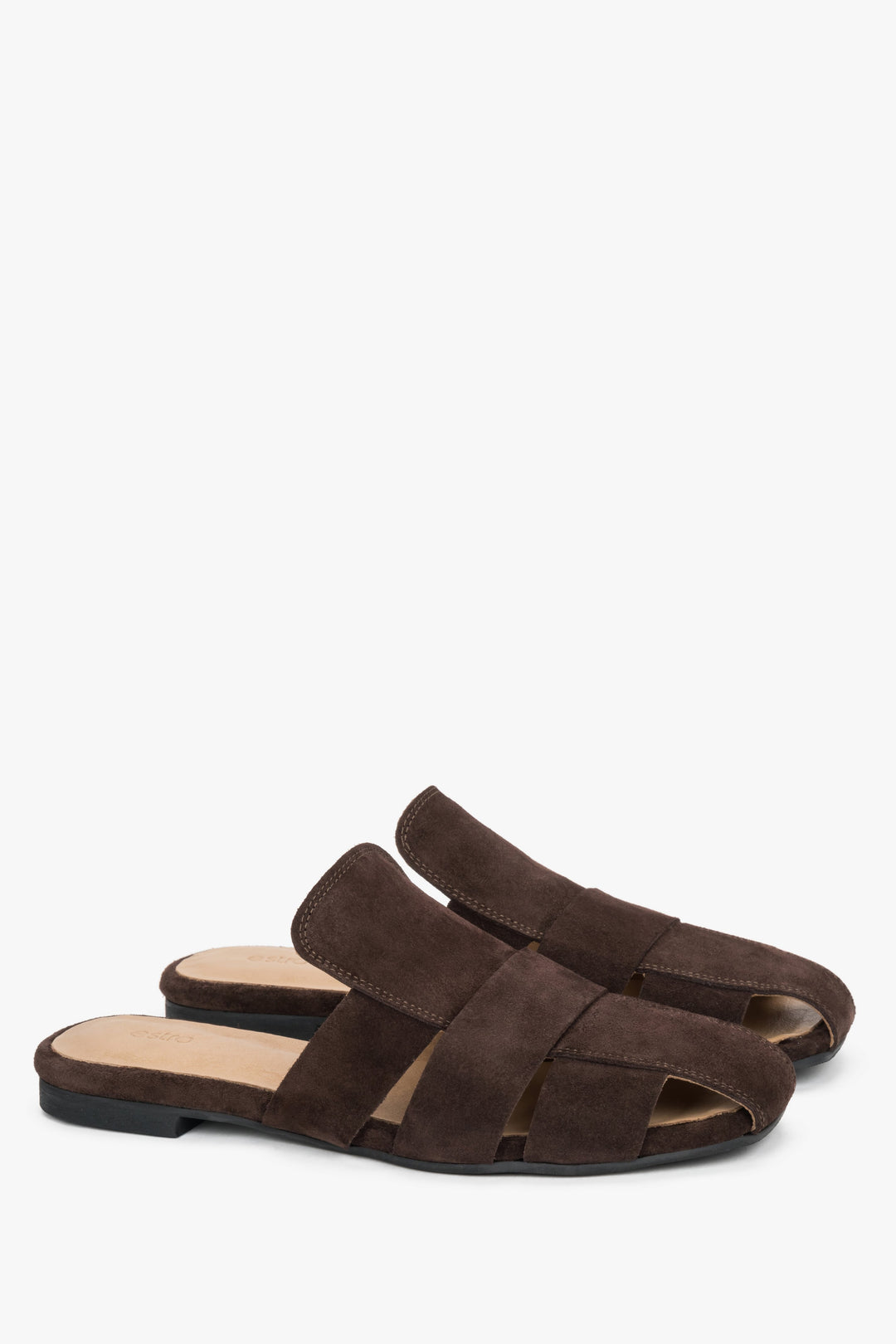 Dark brown velour Estro mule sandals, featuring a cage-style upper crafted from striking wide straps.