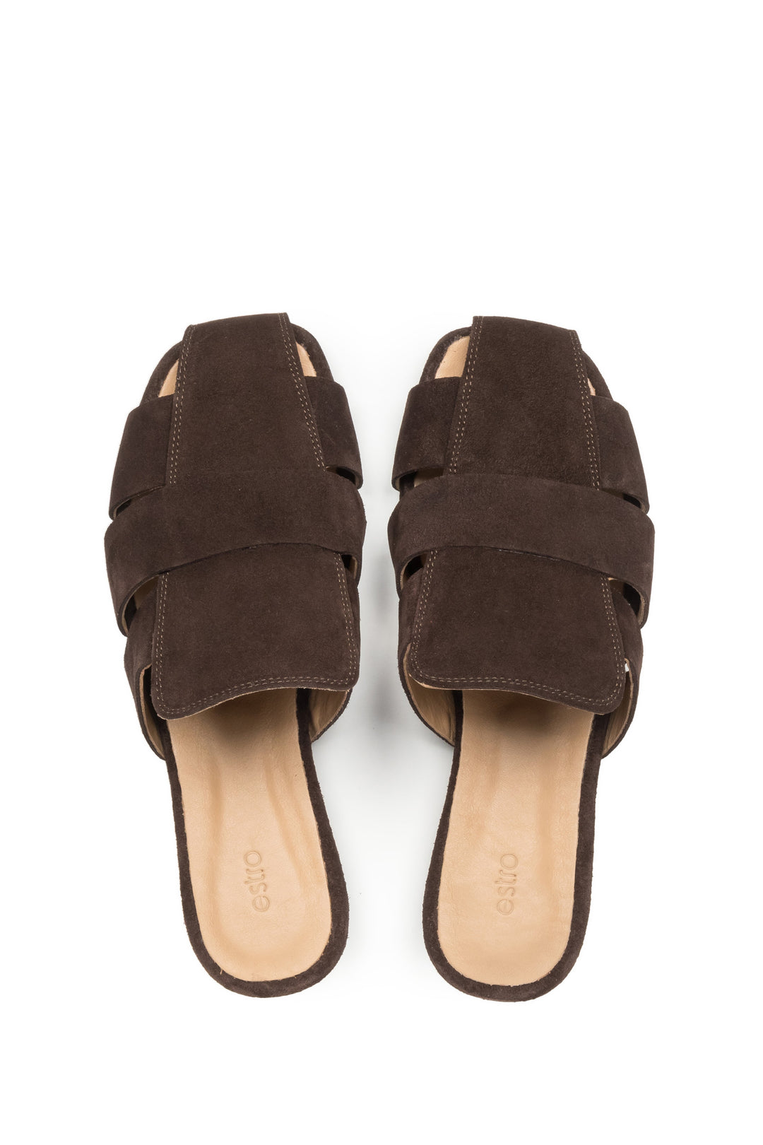 Top view of the pair of shoes, showcasing a woven front design, a fashionable square toe, and a smooth leather insole in a matching brown shade.