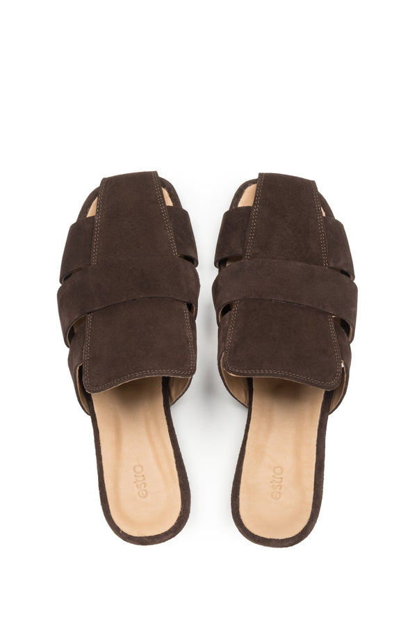 Top view of the pair of shoes, showcasing a woven front design, a fashionable square toe, and a smooth leather insole in a matching brown shade.