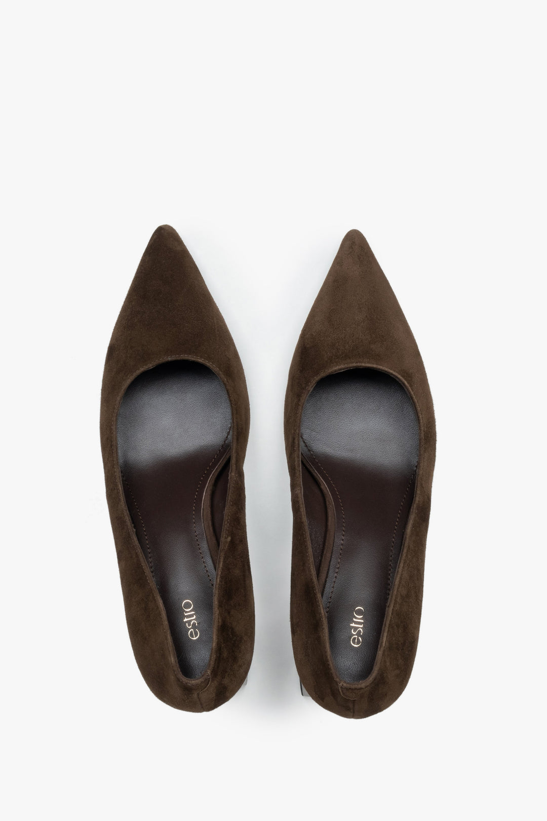 Made of natural velour, dark brown women’s shoes on a stable block heel with a pointed toe, Estro.