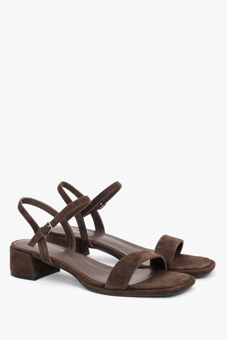 Elegant chocolate brown suede sandals with a natural chevro leather interior.