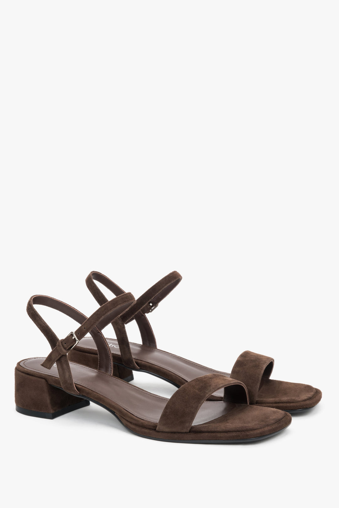 Elegant chocolate brown suede sandals with a natural chevro leather interior.