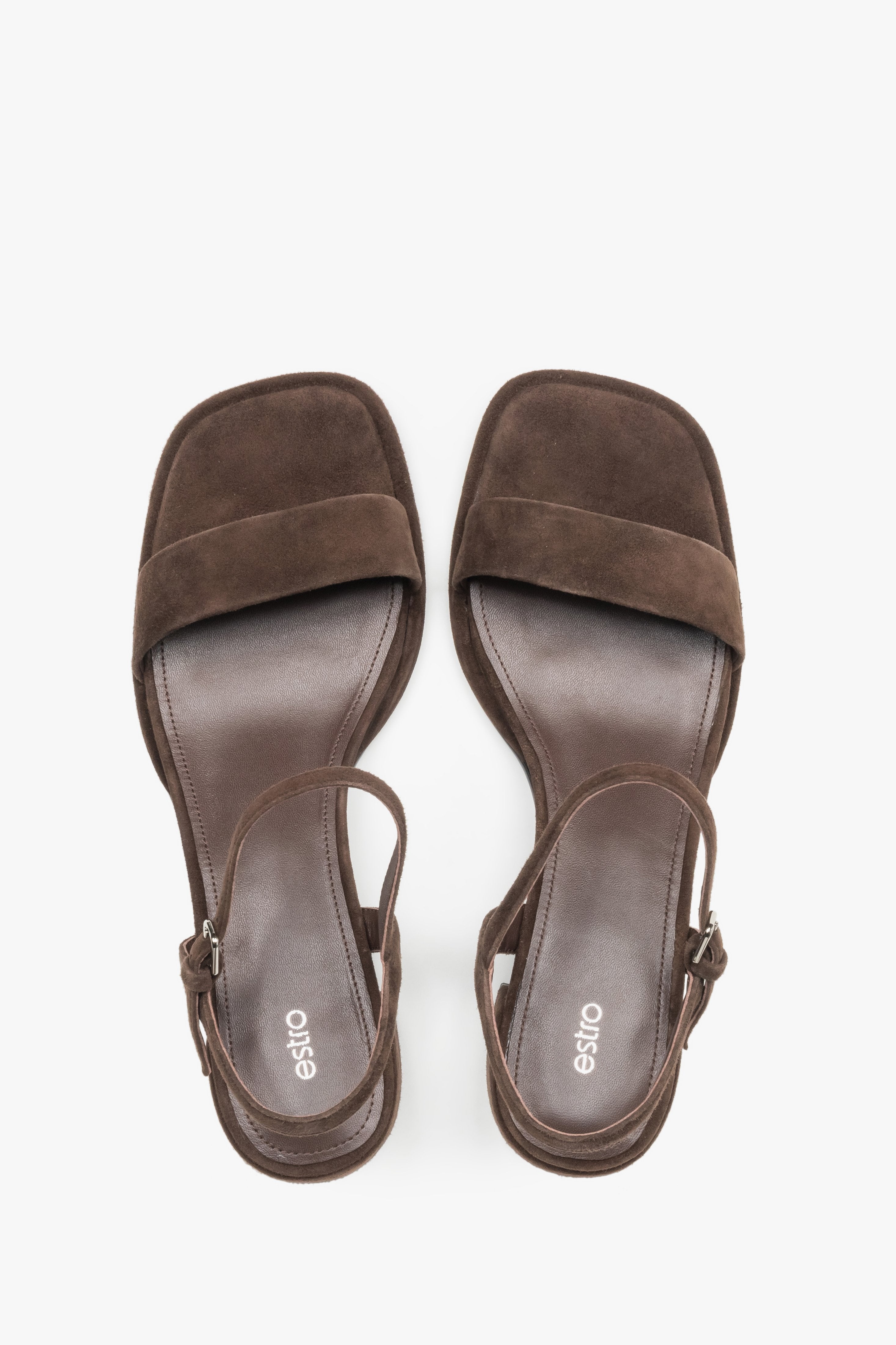 Close-up of the rich dark chocolate velour texture and soft buckle detail.