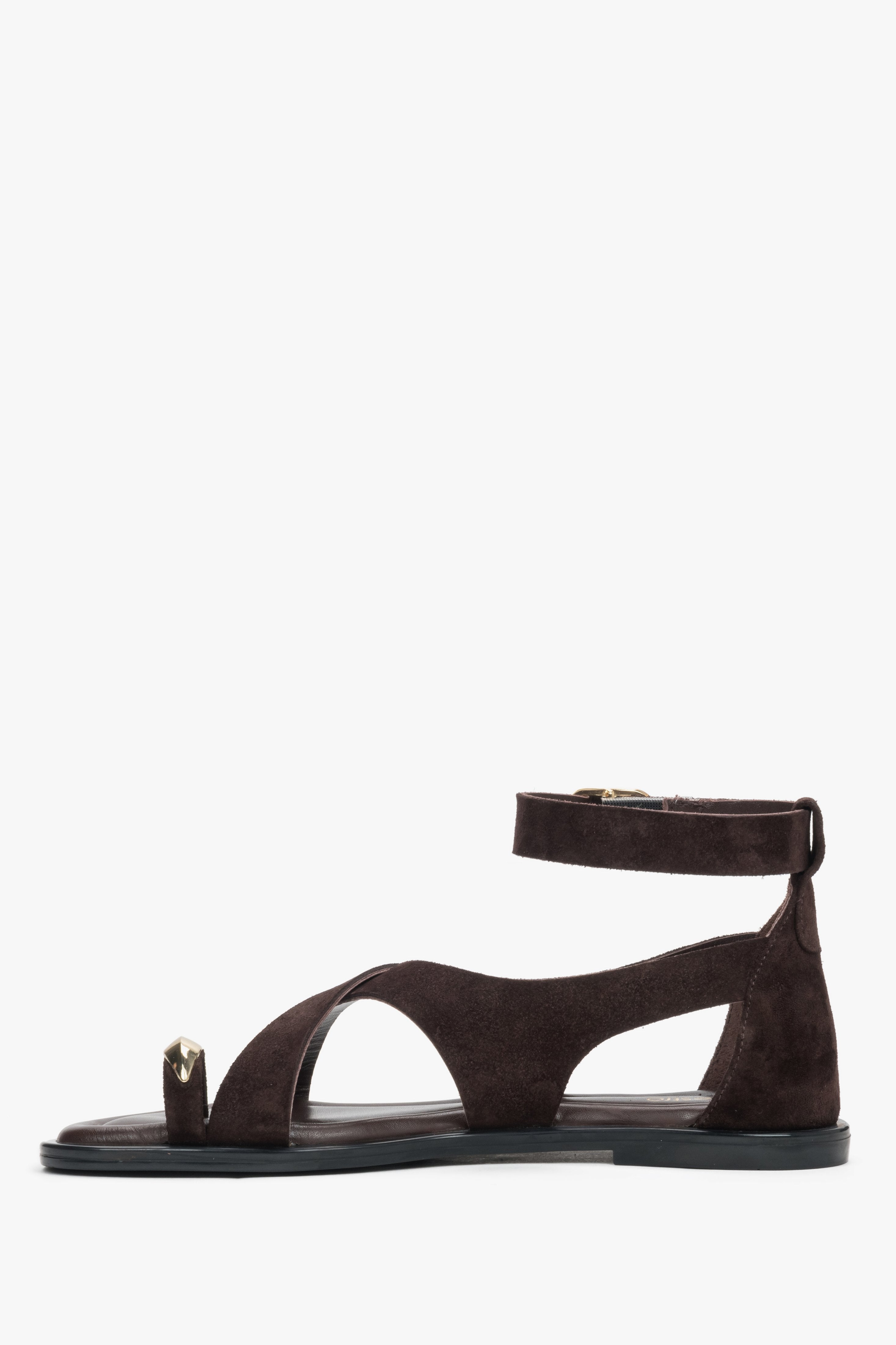 Side view of soft dark brown women’s Estro fisherman-style sandals made of genuine velour.