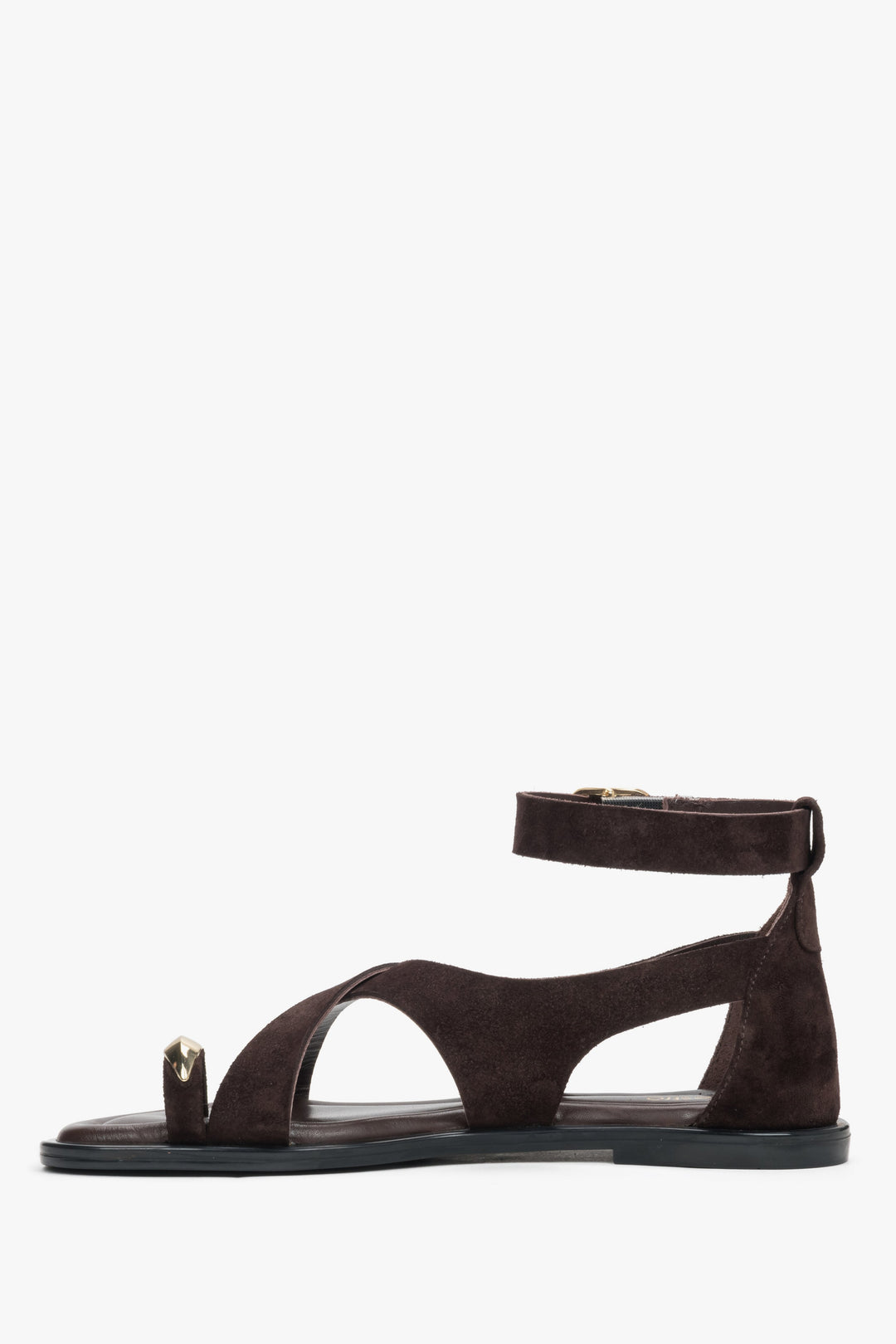 Side view of soft dark brown women’s Estro fisherman-style sandals made of genuine velour.