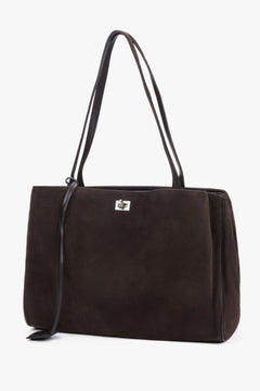 Front view of women's dark brown velour shopper bag by Estro