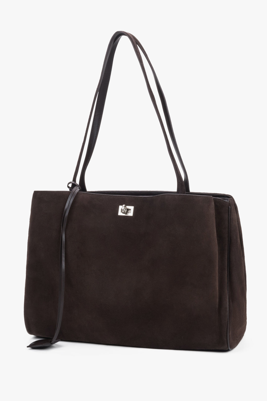 Front view of women's dark brown velour shopper bag by Estro