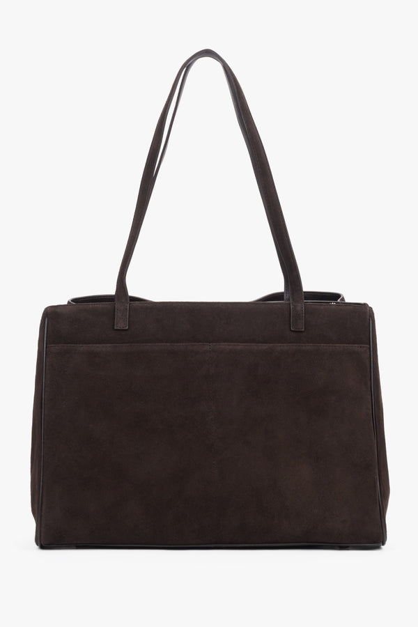 Back view of women's dark brown velour shopper bag by Estro