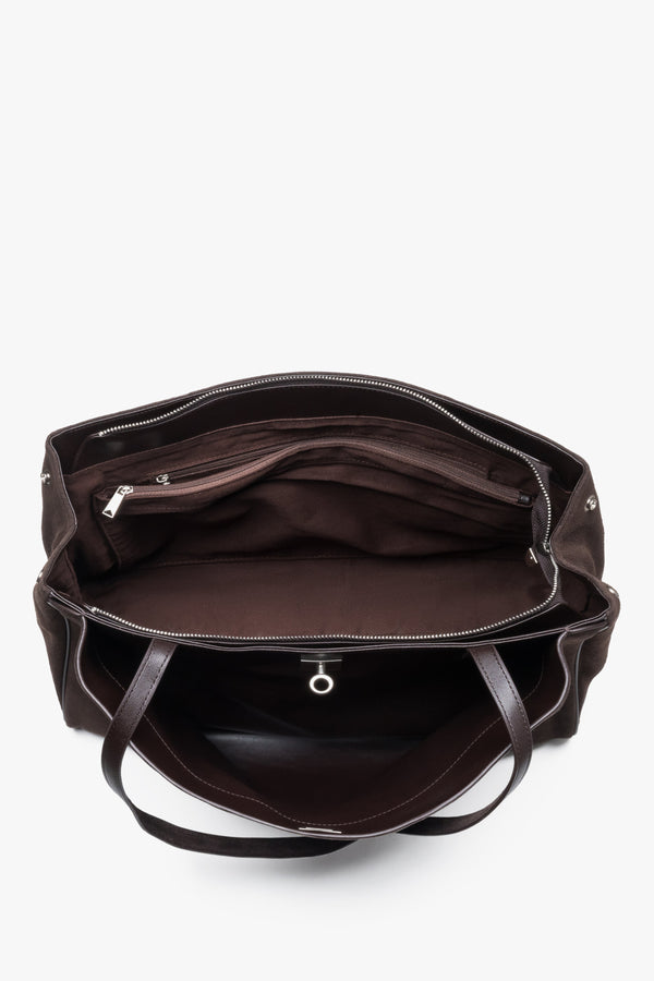 Interior view of women's dark brown velour shopper bag with compartments