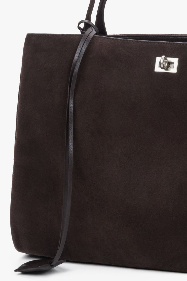 Detail view of dark brown velour shopper bag handle by Estro