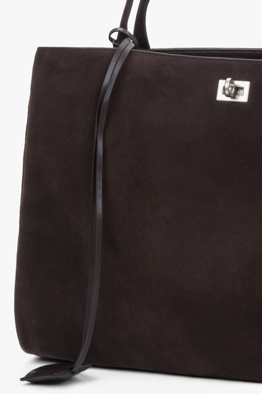 Detail view of dark brown velour shopper bag handle by Estro