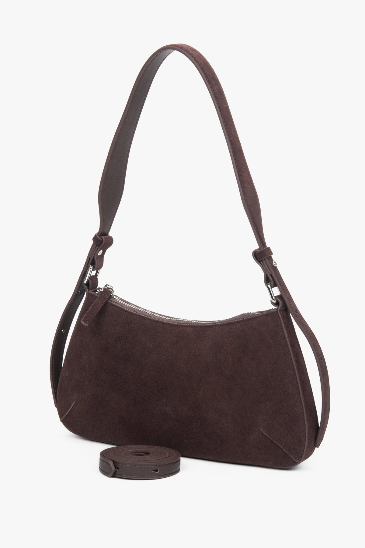 Women’s shoulder bag, dark brown, made of velour, Estro.