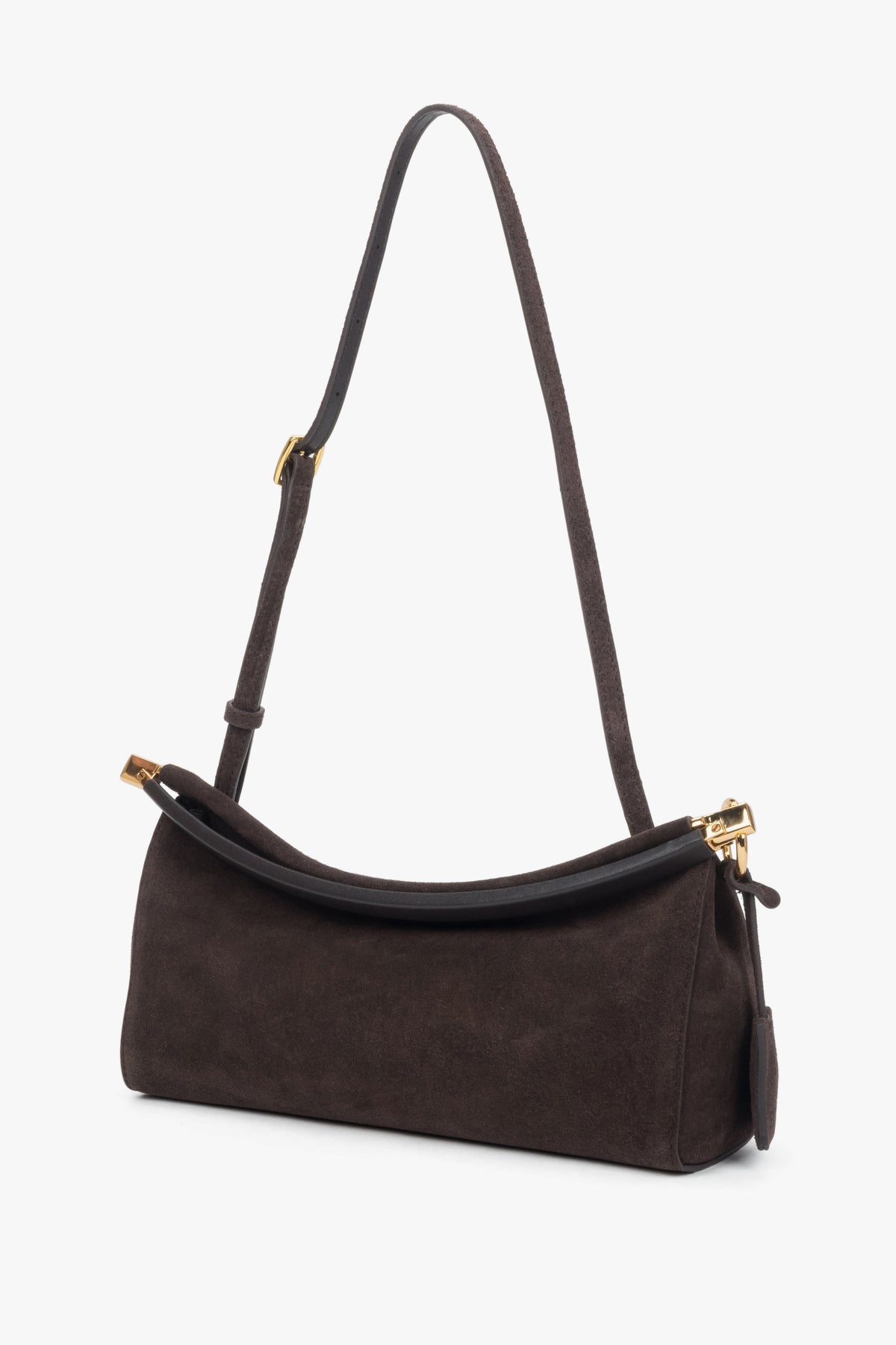Compact dark brown bag featuring one main compartment and an interior pocket.