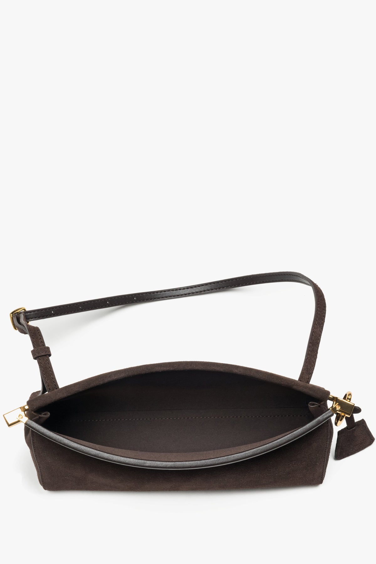 Open-top velour shoulder bag with comfortable 27 cm handle for everyday wear.